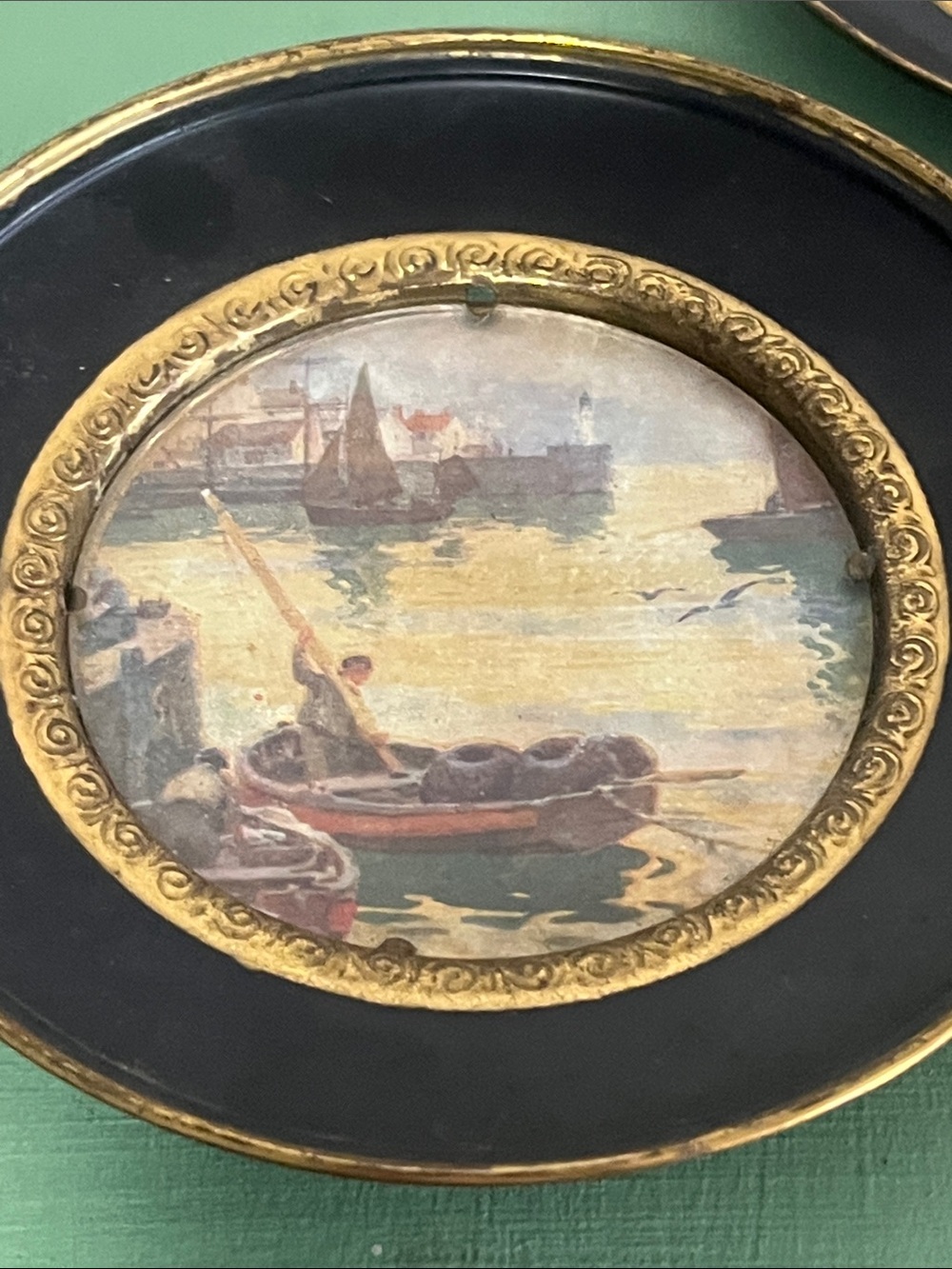 Brass Gold tone Miniature Landscape Scenic Wall Plate Paintings w/ Foil England - Picture 5 of 10